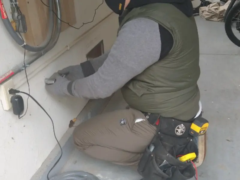 Electrician performing outlet wiring in a Oil City garage